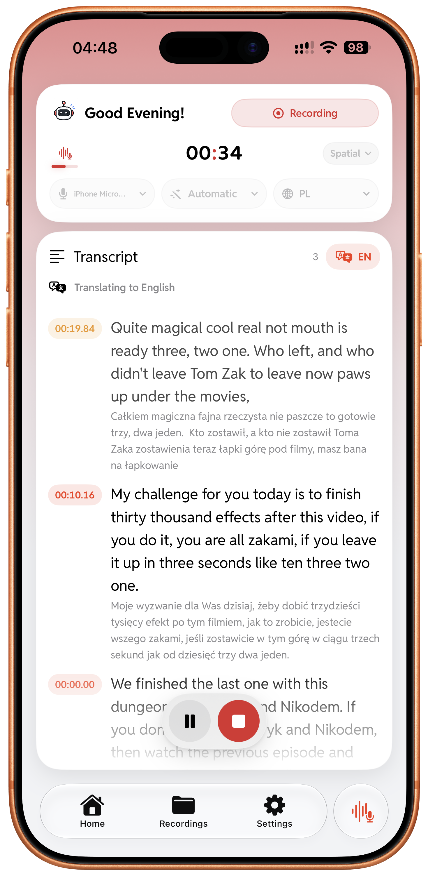 Live Transcriber showing original and translated captions together