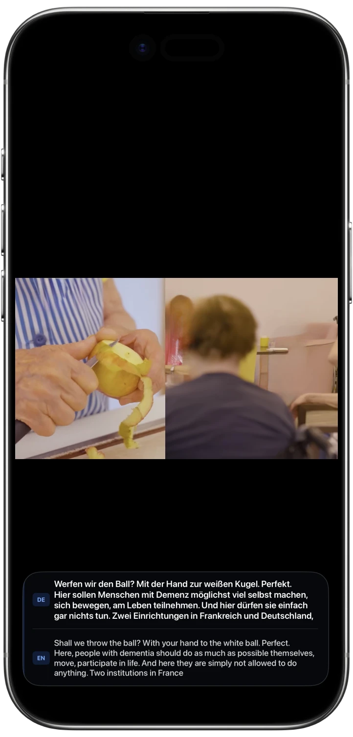 Live Transcriber showing a live bilingual transcript on iPhone